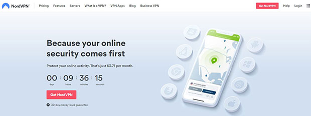 Skärmbild NordVPNs hemsida