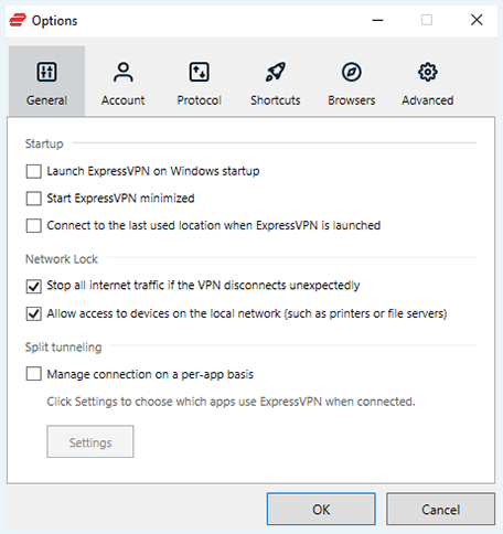 Screenshot of ExpressVPN, General settings window