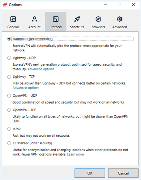 Screenshot of ExpressVPN, Protocols settings window