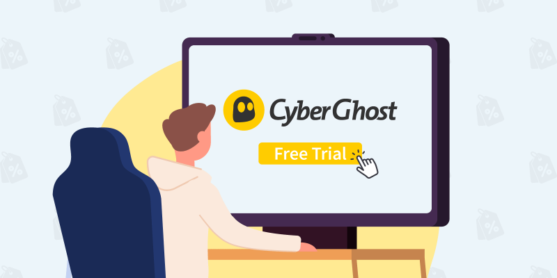 Man clicking on "Free Trial" button below the CyberGhost logo