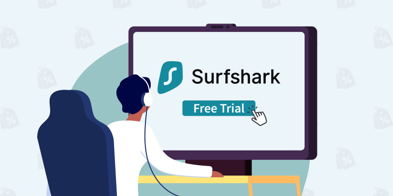 Man clicking on "Free Trial" button below the Surfshark logo