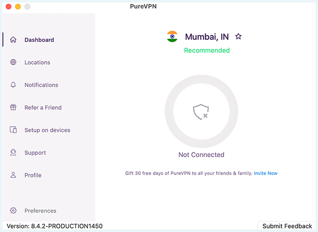 Screenshot of PureVPN app, Interface home screen
