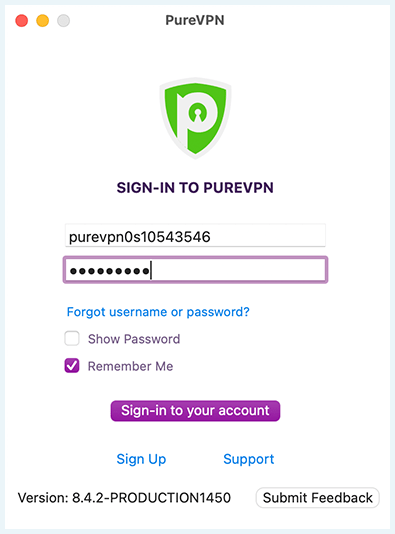 Screenshot of PureVPN app, Mac app login