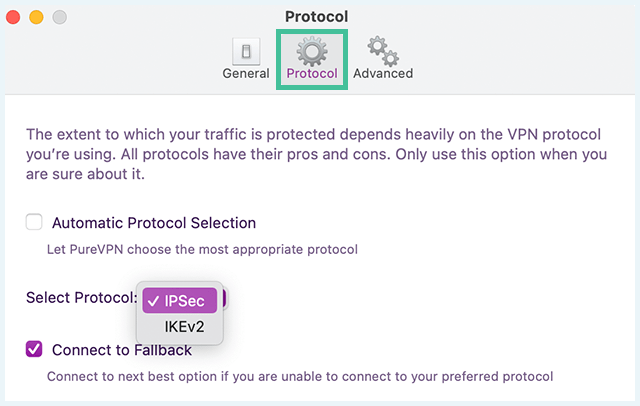 Screenshot of PureVPN app, Protocol settings window