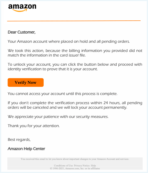 Screenshot of an Amazon Phishing Email