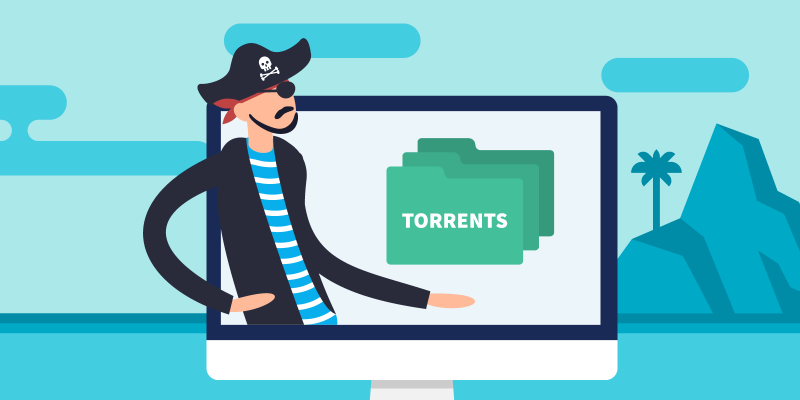 Pirate on laptop holding his hand under folders that say "Torrents"
